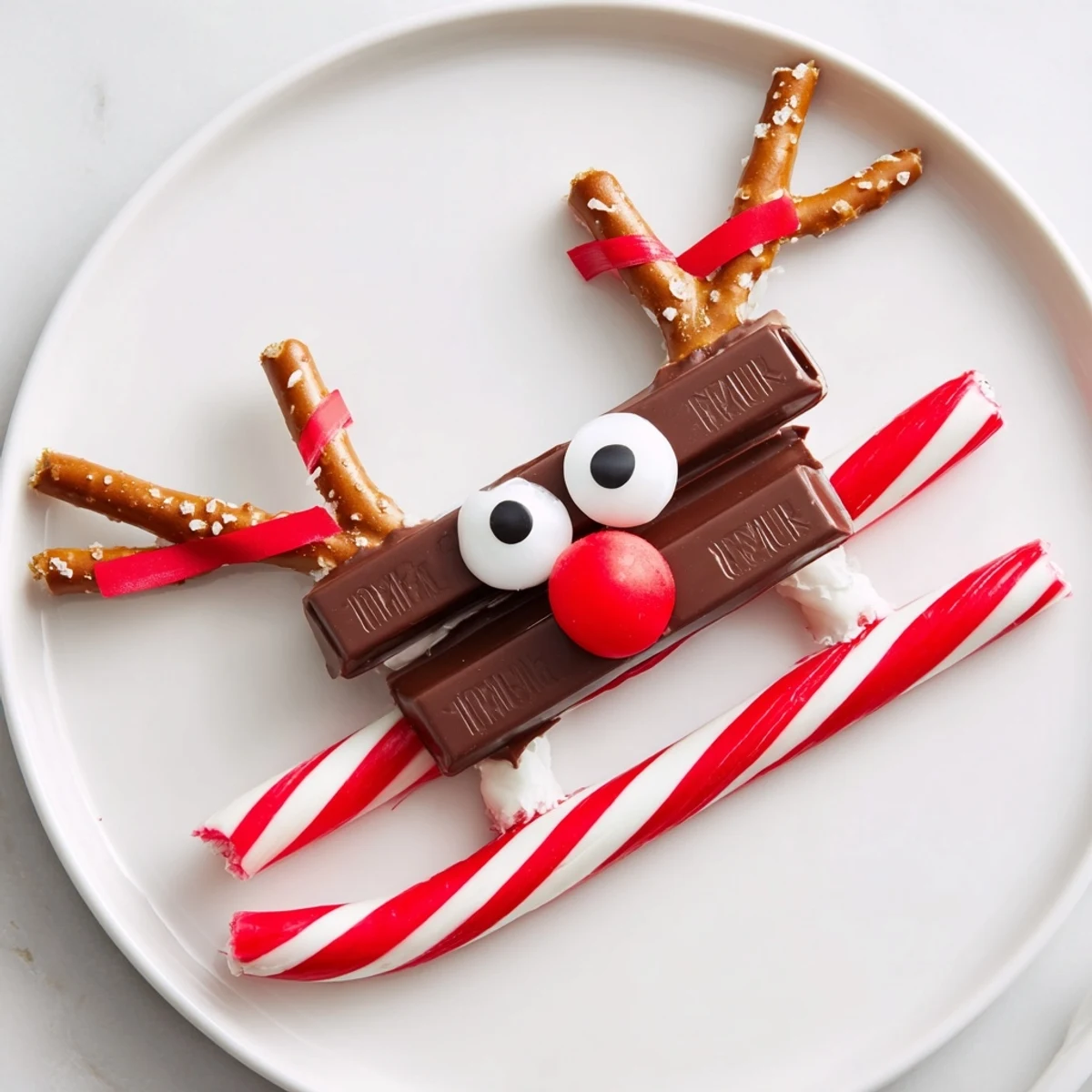 Festive Rudolph Candy Cane Sleds, a sweet treat: mini candy canes hold a chocolate bar.