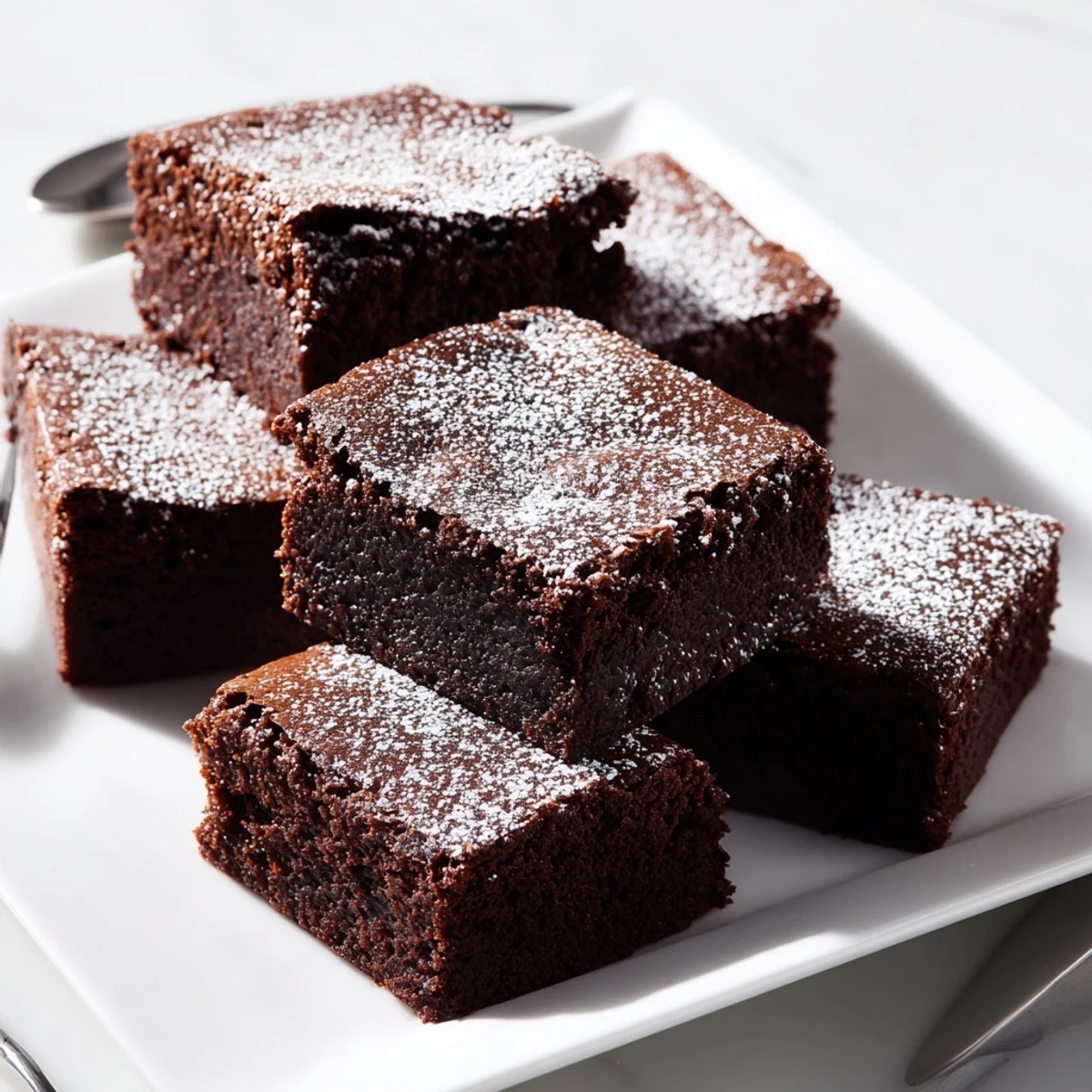 Fudgy brownie squares, dusted with powdered sugar, ready to eat after baking, a delicious dessert.