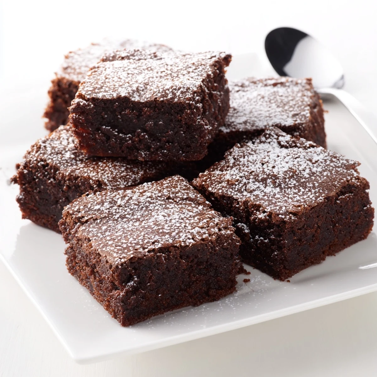 Close-up of freshly baked brownie squares, a fine powdered sugar dusting adding sweet perfection.