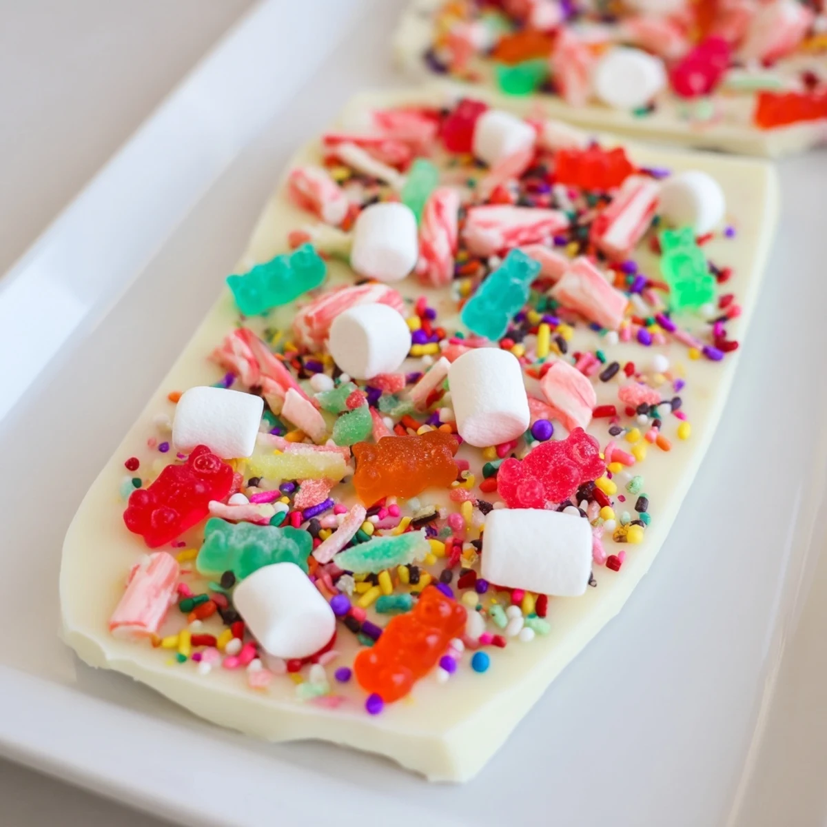 Colorful, scattered gummy bears and candy canes sit atop smooth white chocolate, a sweet treat.