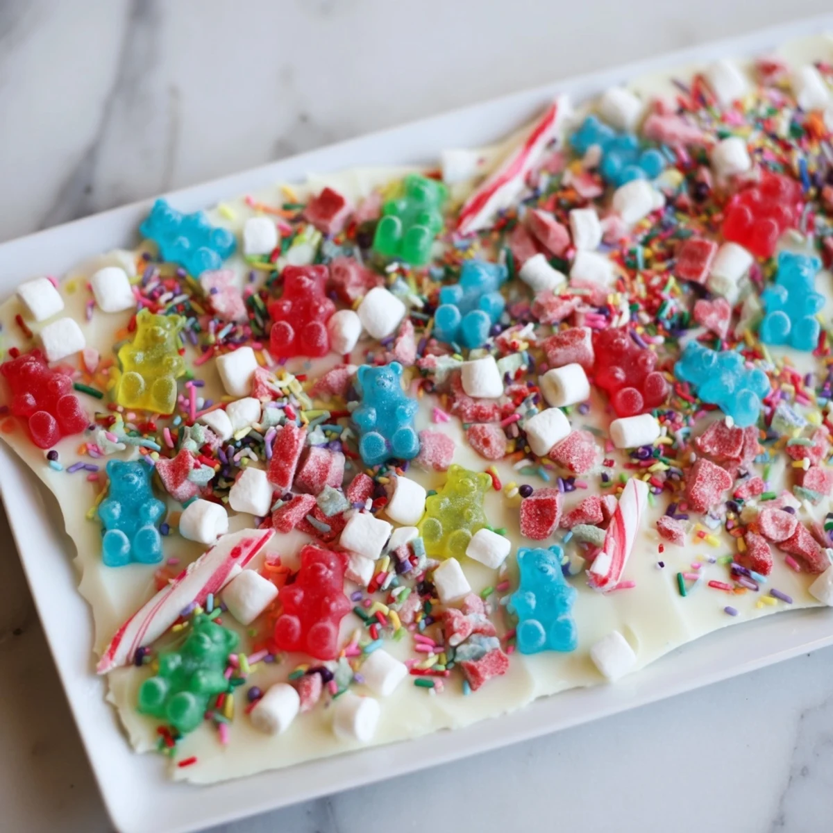 Vibrant gummy bears and crushed candy canes are scattered across a white chocolate bark confection.