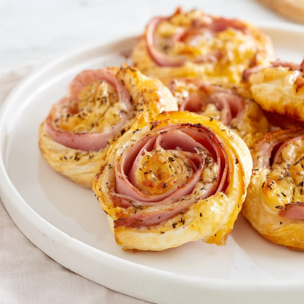 Warm, golden Savory Ham and Cheese Pinwheel Rolls fresh from the oven, ready to enjoy.