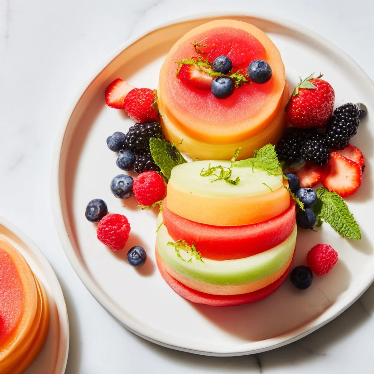 Fresh and colorful fruit platter featuring layered circles of honeydew, cantaloupe, watermelon and vibrant berries.