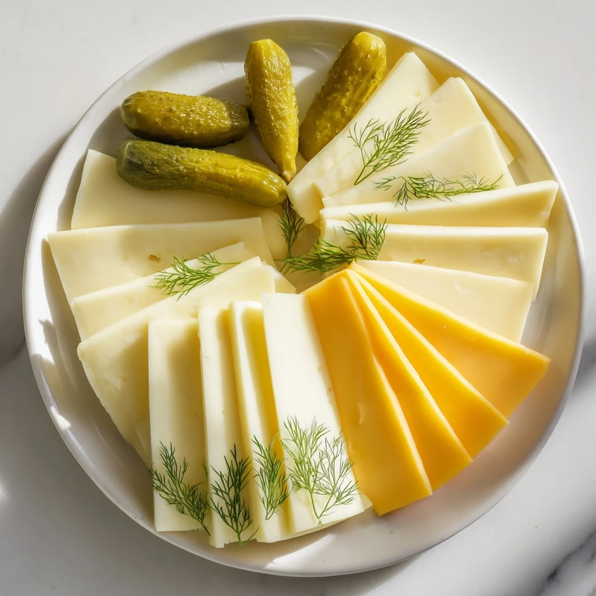 Sliced cheddar, Swiss, and Gouda paired with tangy dill pickle appetizer, ready to serve.