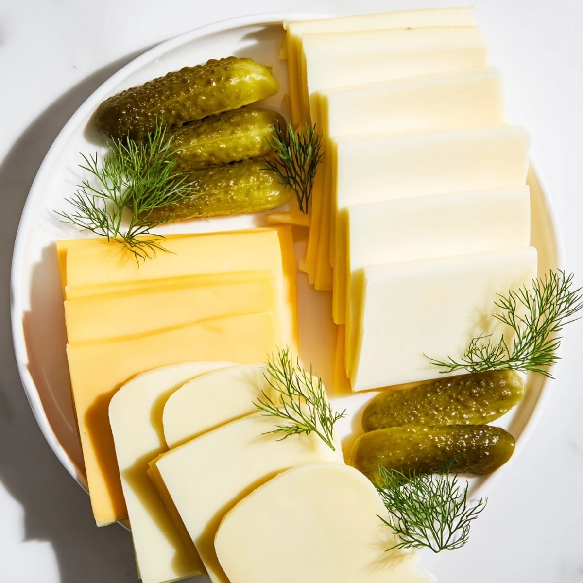 Close-up of a Dill Pickles and Sliced Cheese appetizer, ready to be enjoyed with crackers.