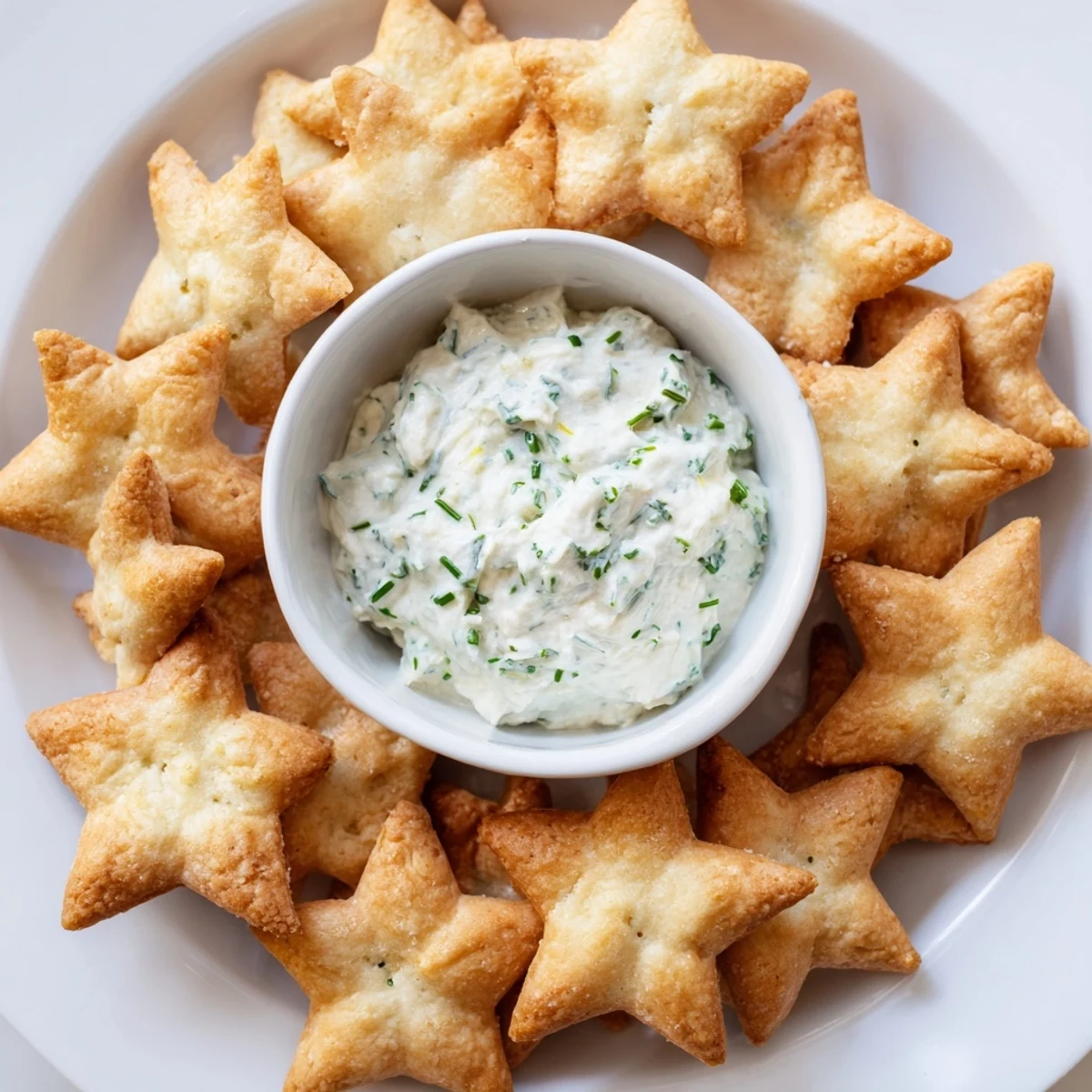 Crisp, golden Holiday Crackers, star shapes, arranged around a creamy, herb-flecked dip for dipping.