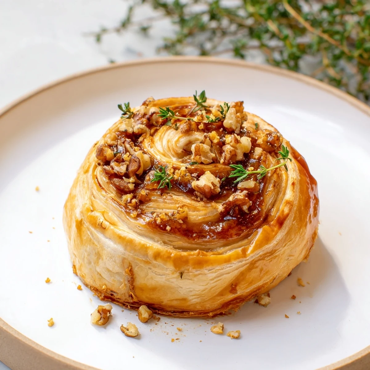 Close-up of baked wheel of Brie cheese with sweet fig jam, a perfect gourmet starter.