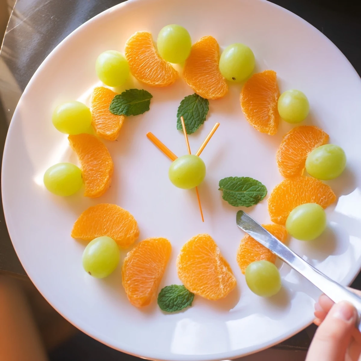 Vibrant Grape and Orange Slice Clock Face with juicy segments and sweet, ripe grapes, ready to enjoy.