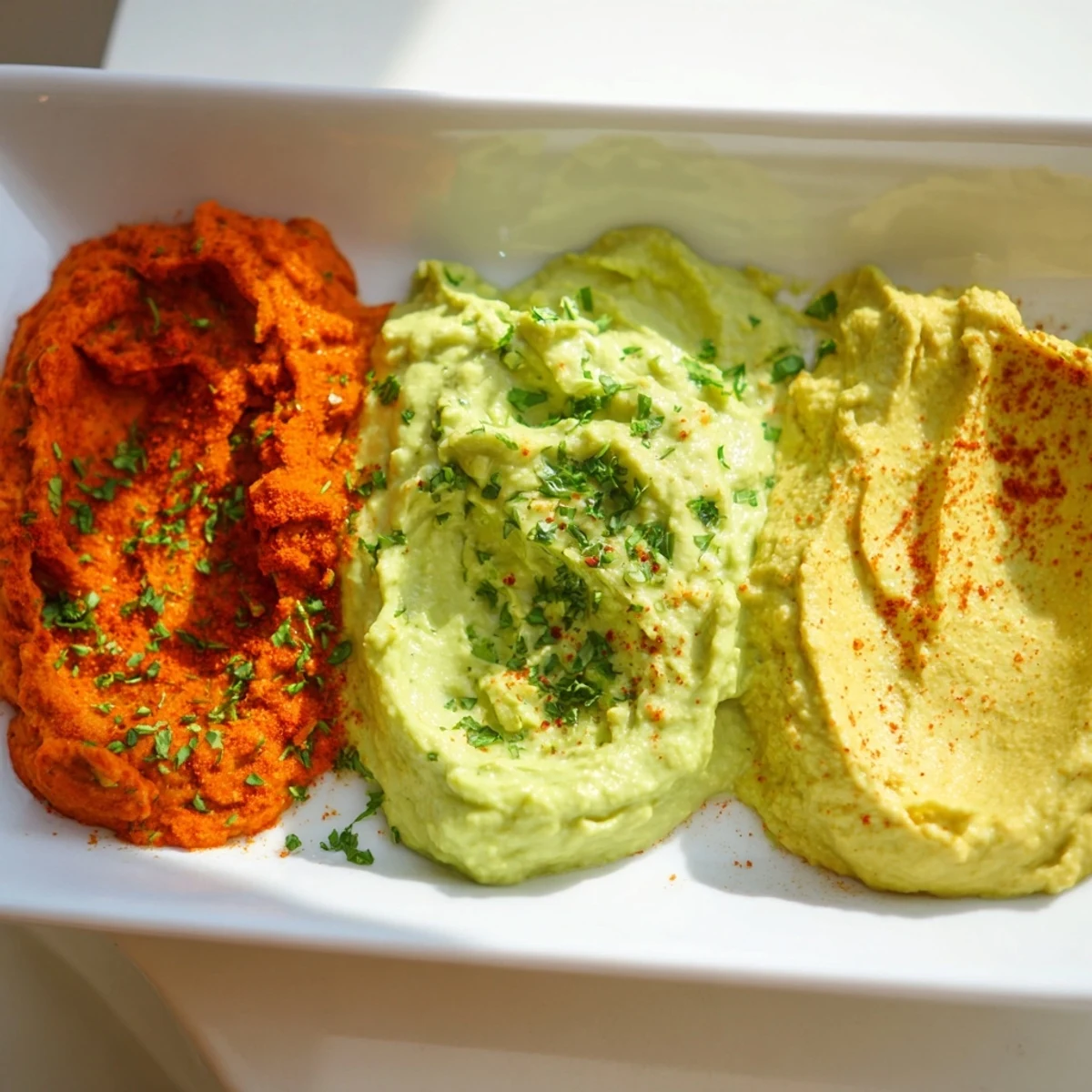 Three homemade dips, a vibrant Dip Trio, includes creamy avocado, red pepper, and turmeric hummus perfect for serving.