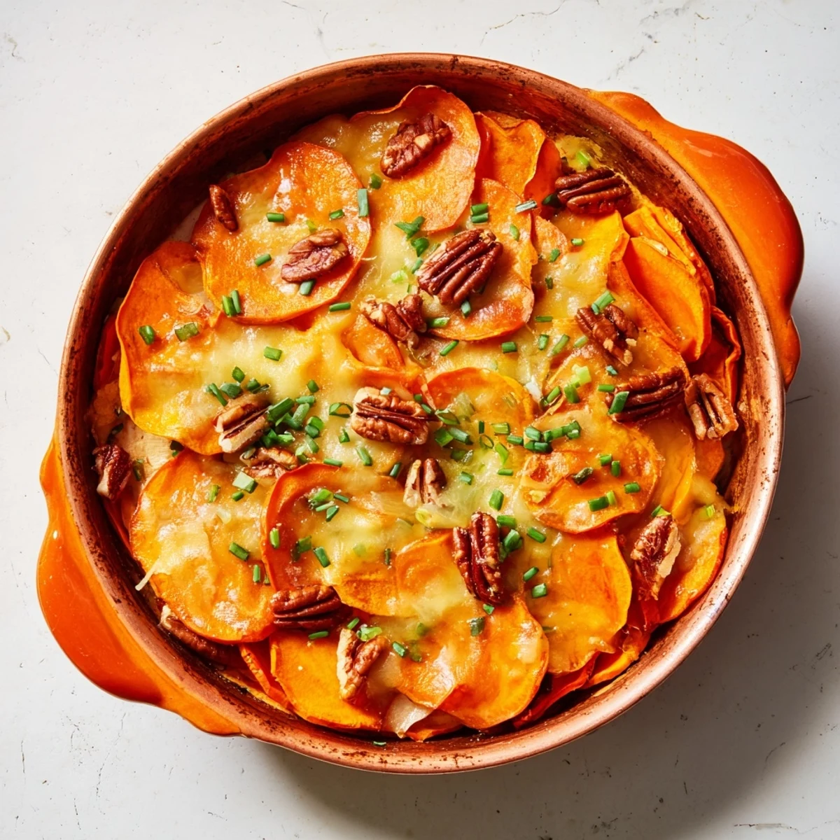 Warm, bubbling Copper Penny Warmth with pecans and vibrant, roasted sweet potatoes, a perfect side.