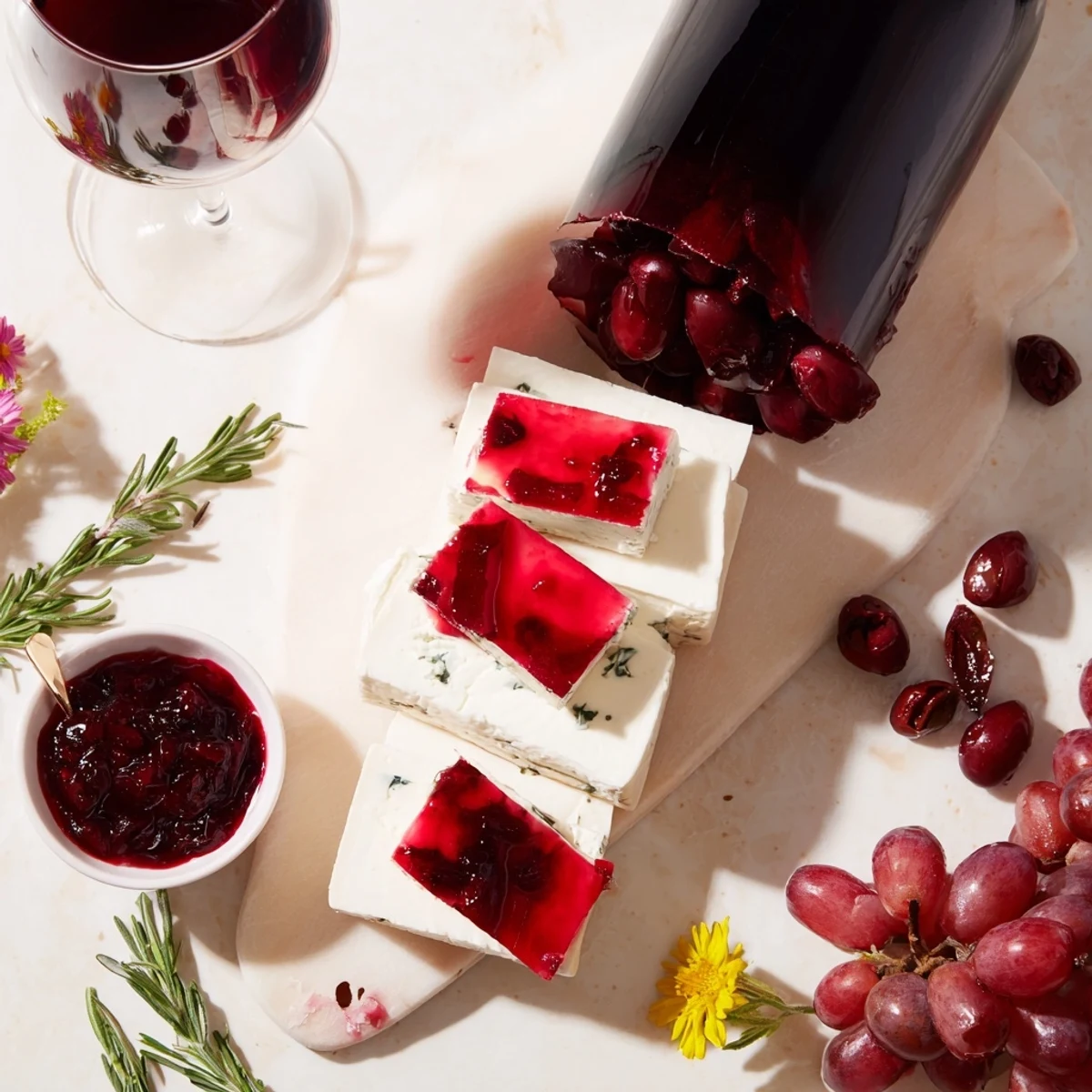 Beautiful Ruby Red Wine Stain Board with red wine-soaked cheeses and charcuterie, ready to serve.