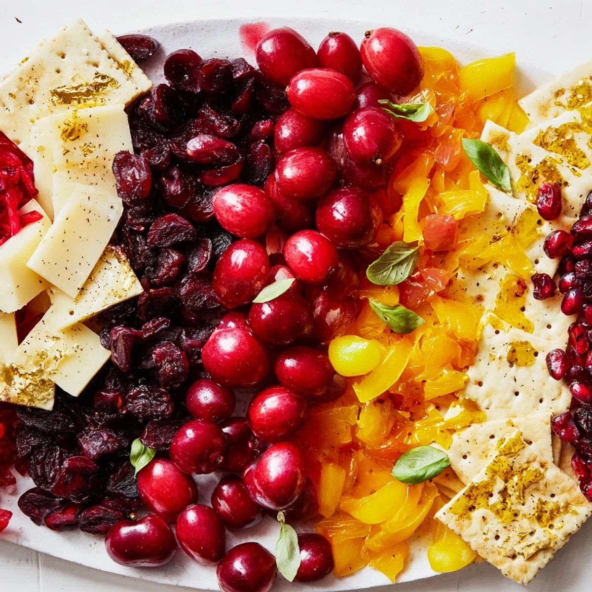 Vivid colors in this Crimson & Gold Gala cheese board, featuring gold crackers and fresh, red grapes.