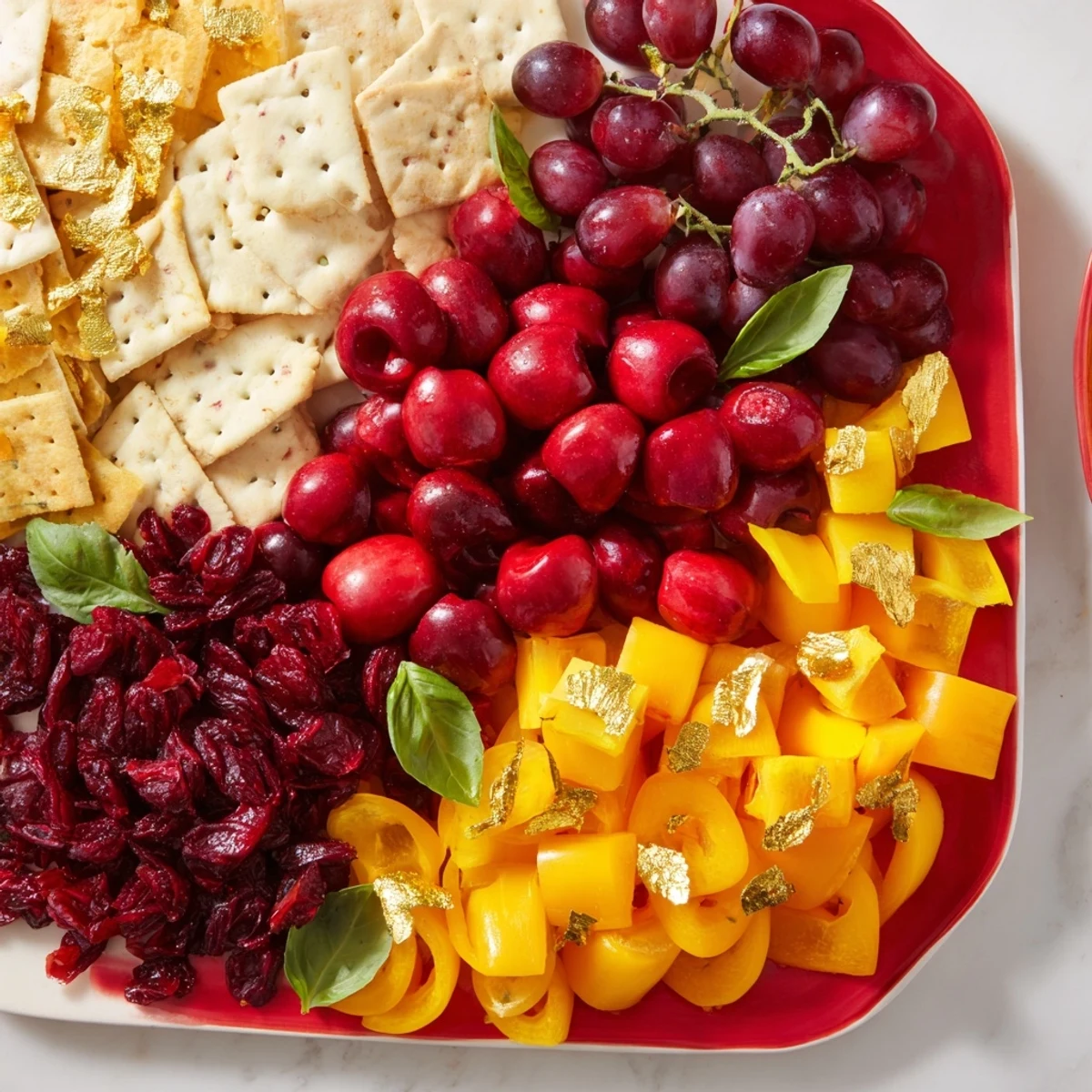 This beautifully arranged Crimson & Gold Gala appetizer has enticing cheese, grapes, and golden roasted peppers.
