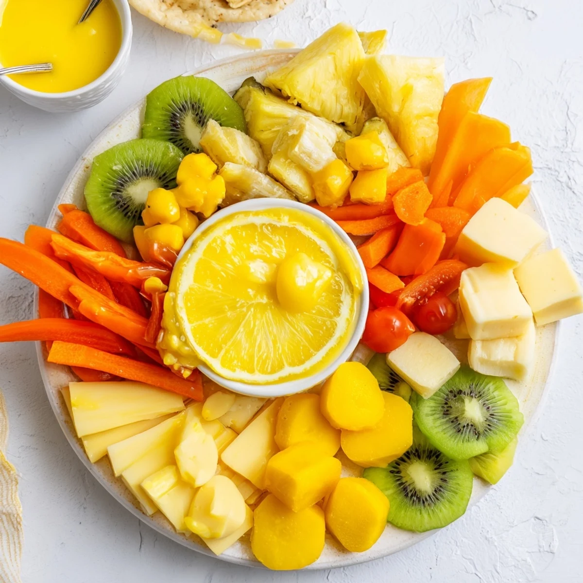 Vibrant 57, Sunny Yellow Citrus Burst: a sun-kissed grazing board overflowing with fresh fruit and cheese.