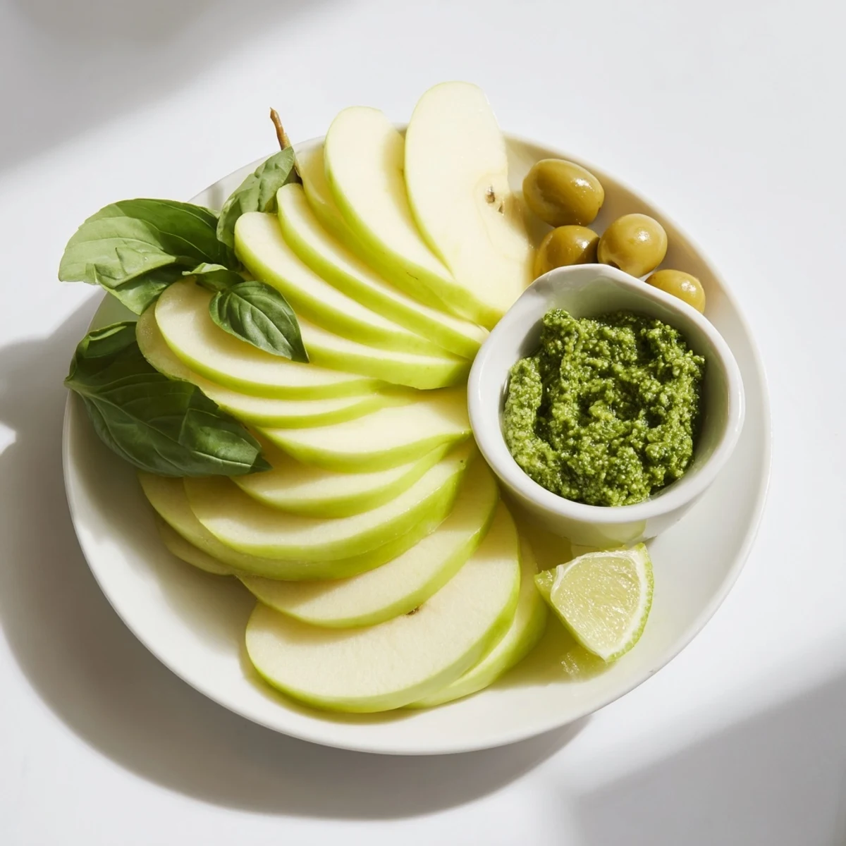 A beautifully arranged Emerald City snack board overflowing with green apples, olives, and pesto.
