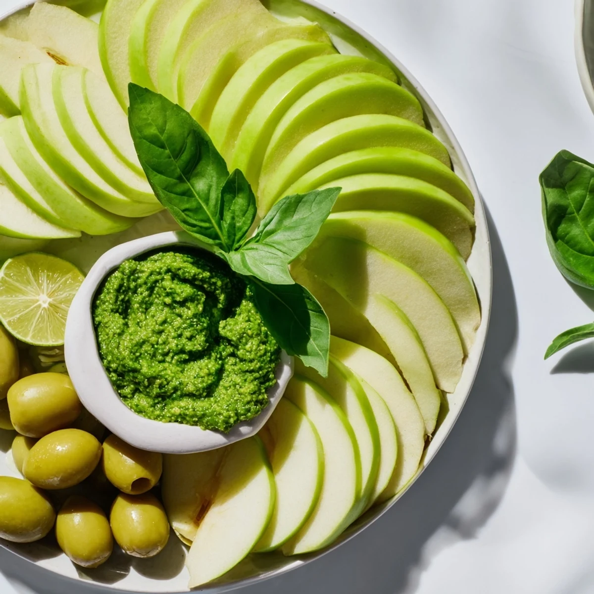 This fresh Emerald City appetizer features crisp apple slices, vibrant lime wedges, and savory pesto for dipping.