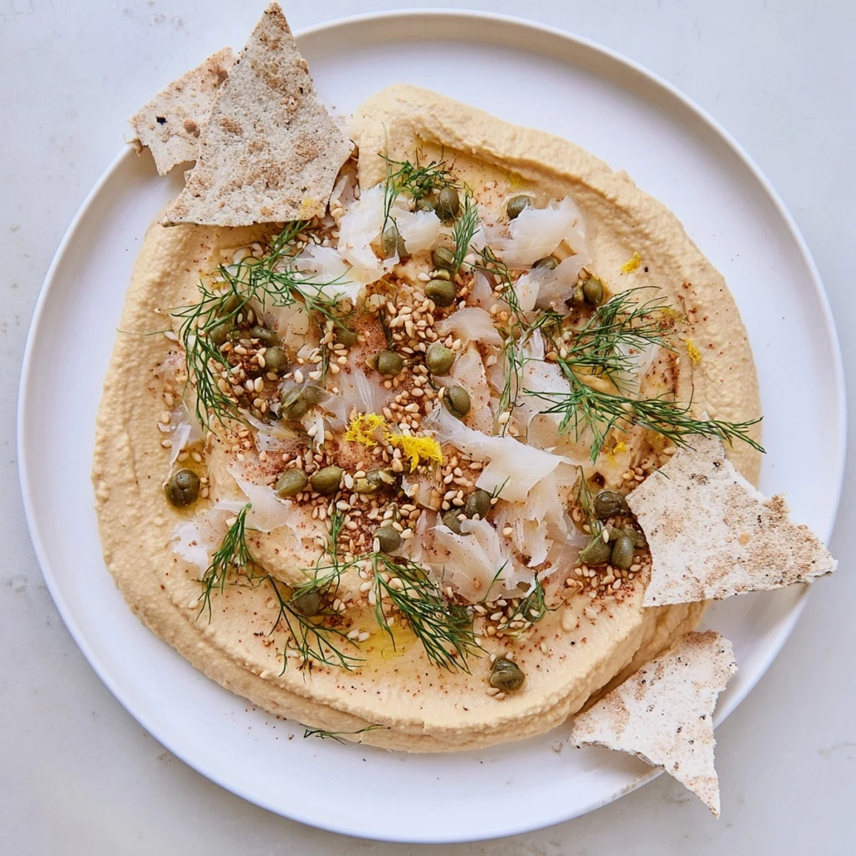 The Driftwood Beach appetizer with flaky smoked fish, crisp crackers, and creamy hummus makes a beautiful spread.