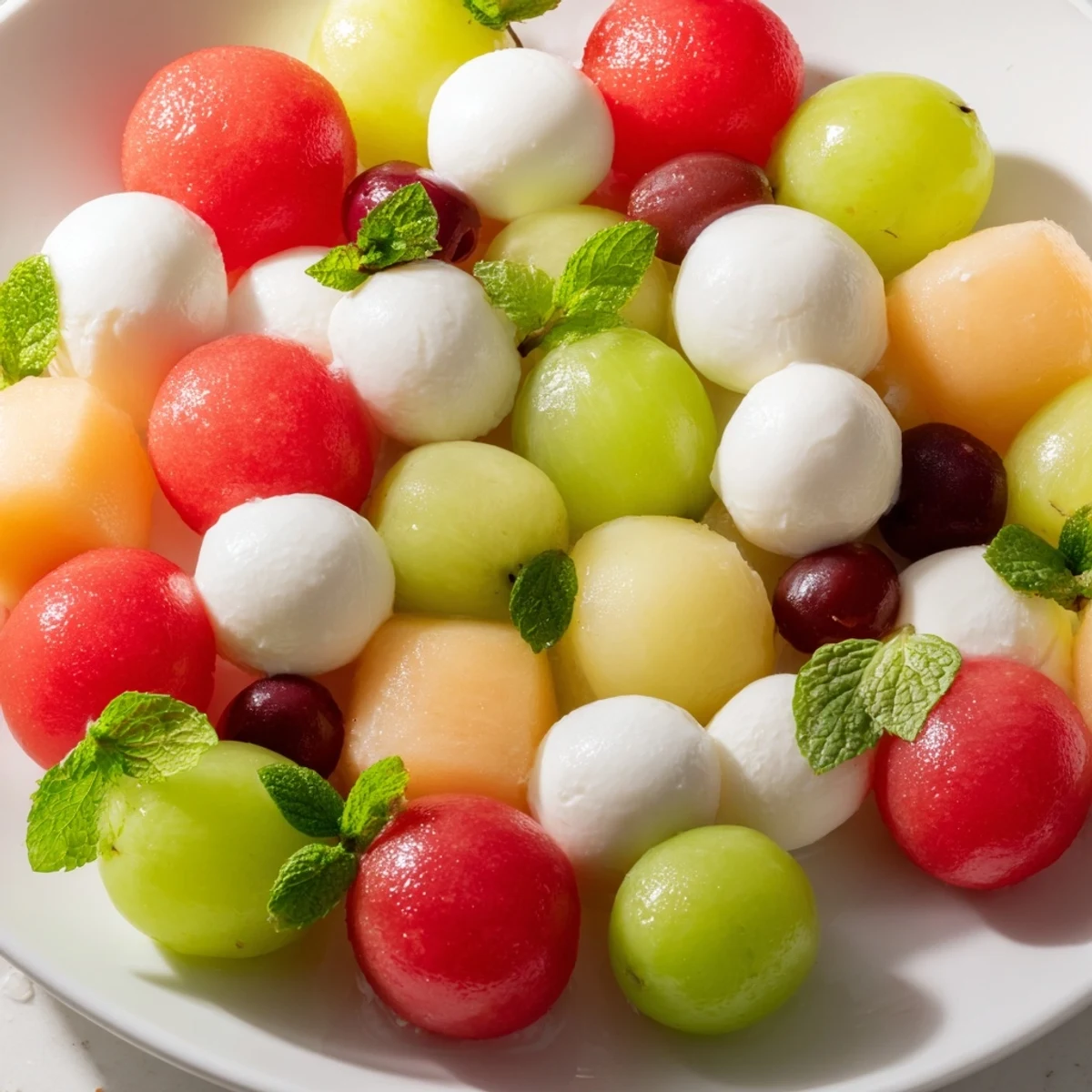 A vibrant "Polka Dot Platter," showcasing colorful fruit and cheese spheres, ready to enjoy.