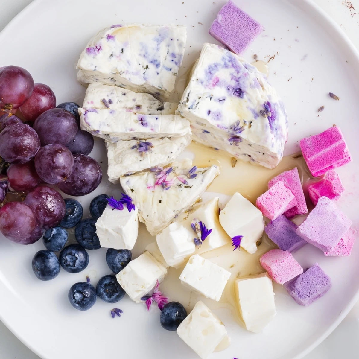 Lavender Haze Dreamscape cheese board: A pastel arrangement of creamy cheeses, purple fruit, and edible flowers.