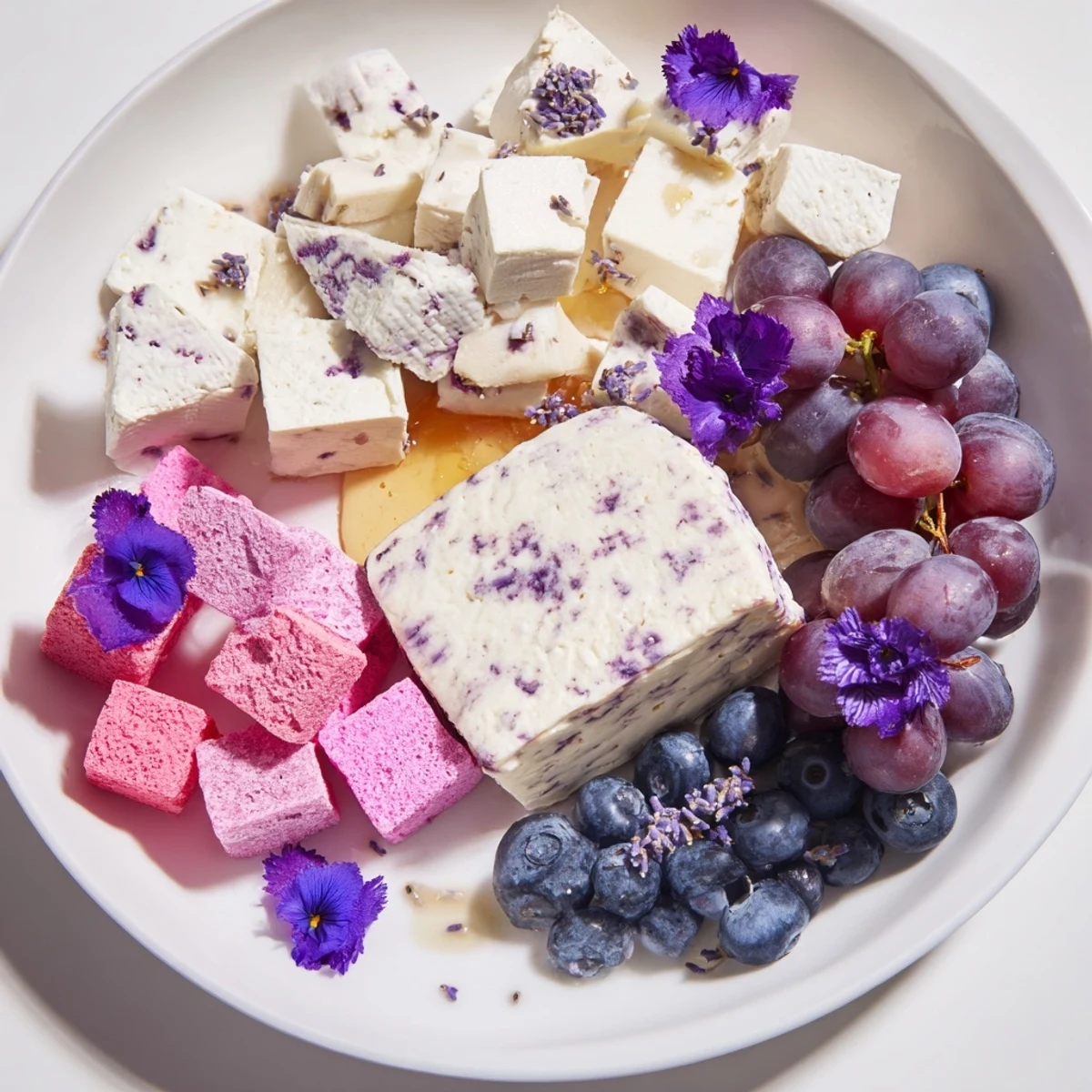 This Lavender Haze Dreamscape displays a soft, inviting cheese board with dreamy, pastel accents and treats.