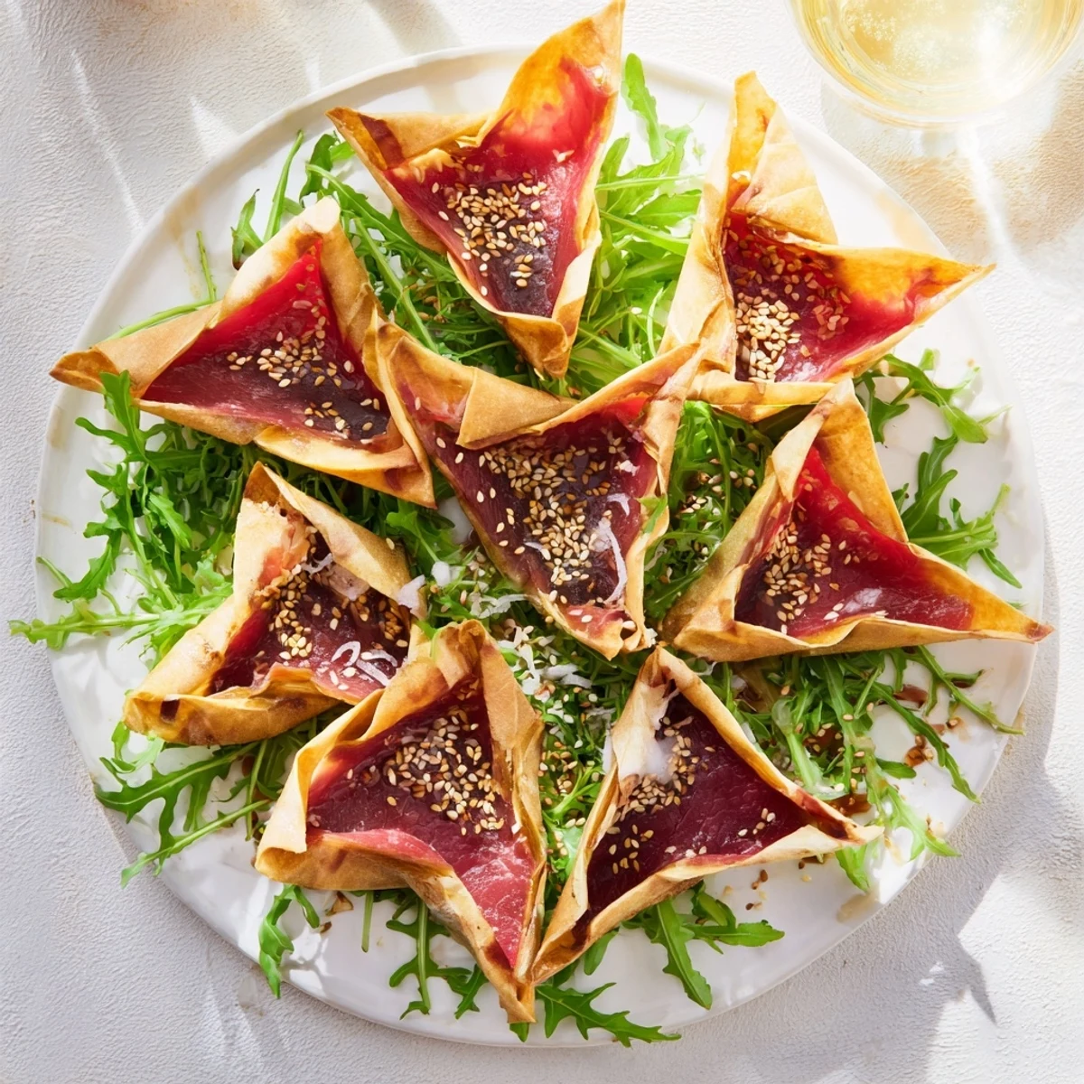 Delicate slices of beef become an elegant Origami Fold Beef Appetizer, garnished with fresh chives and sesame seeds.