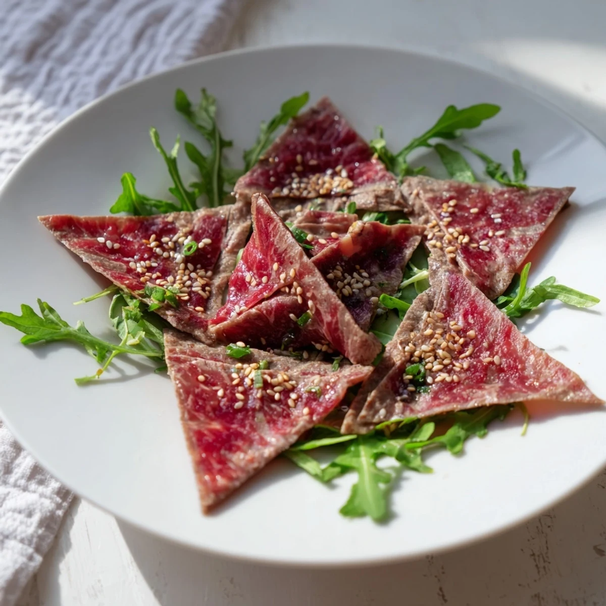 Close-up of the beautiful Origami Fold Beef Appetizer, showcasing intricate folds and a flavorful marinade.