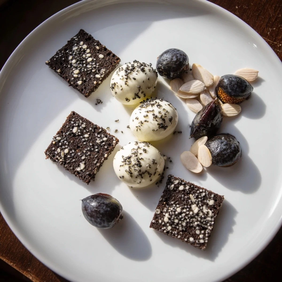 Black and White Formal Affair appetizer platter featuring mozzarella, olives, and geometric rye bread.