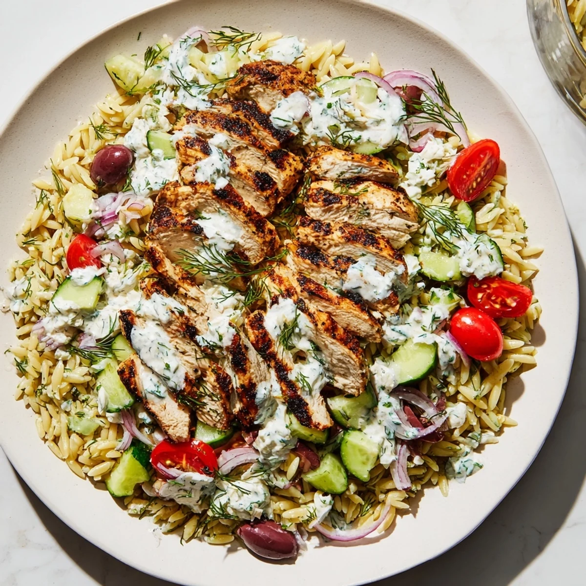 Greek Chicken Gyro Pasta Bowls boast tender chicken, creamy sauce, and fresh vegetables for a delicious meal.