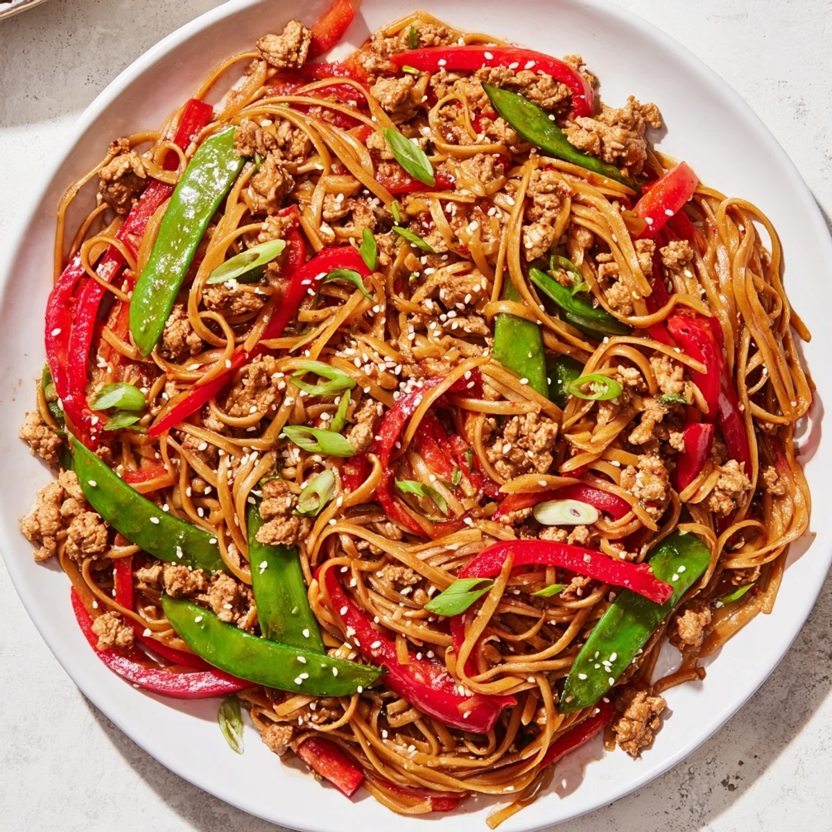 This savory bowl of Sesame Hoisin Ground Chicken Pasta is brimming with saucy noodles and sesame seeds.