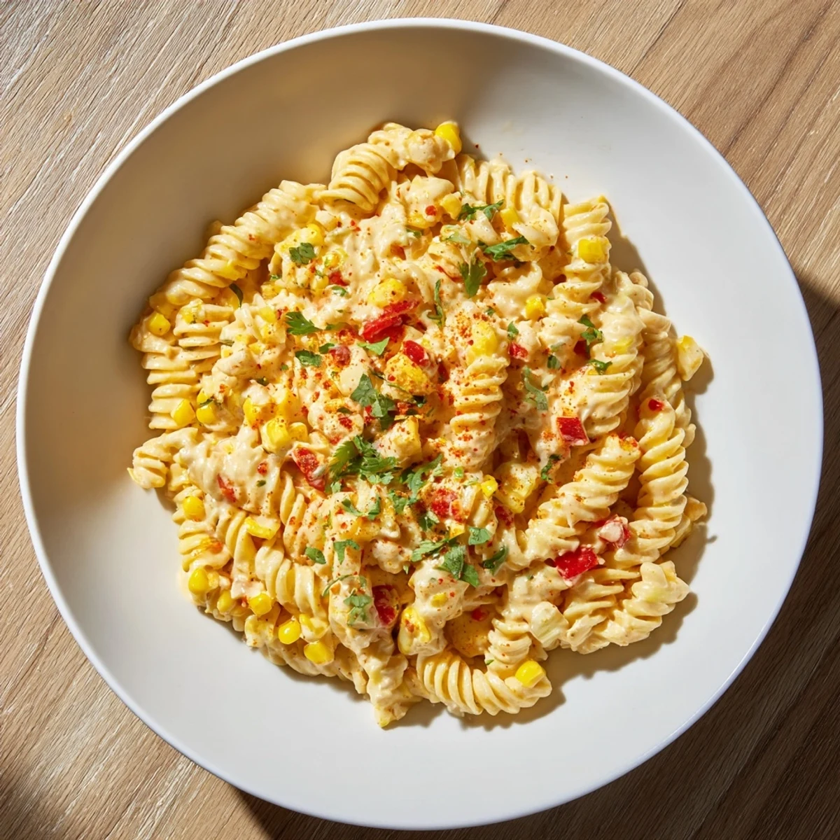 This easy one-pot Mexican street corn pasta dish features tender fusilli and cotija cheese crumbles.