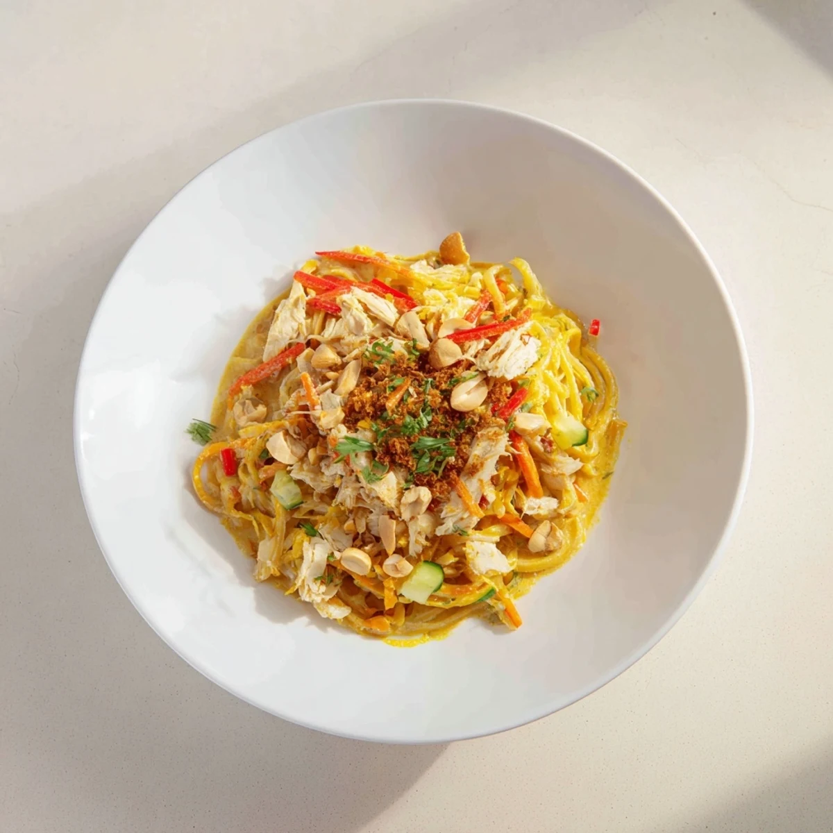 Thai-Inspired Peanut Chicken Pasta: a refreshing bowl with vibrant noodles and tender chicken, drizzled with creamy peanut sauce.