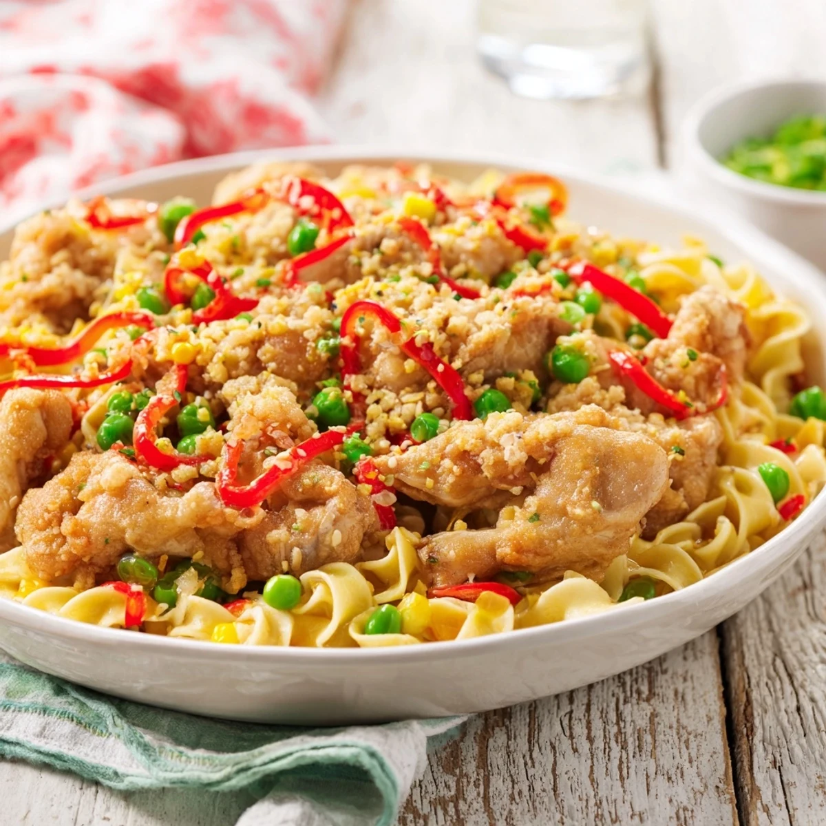 Tender Mongolian chicken with glistening rice noodles, vibrant bell peppers, and snap peas in a savory sauce.