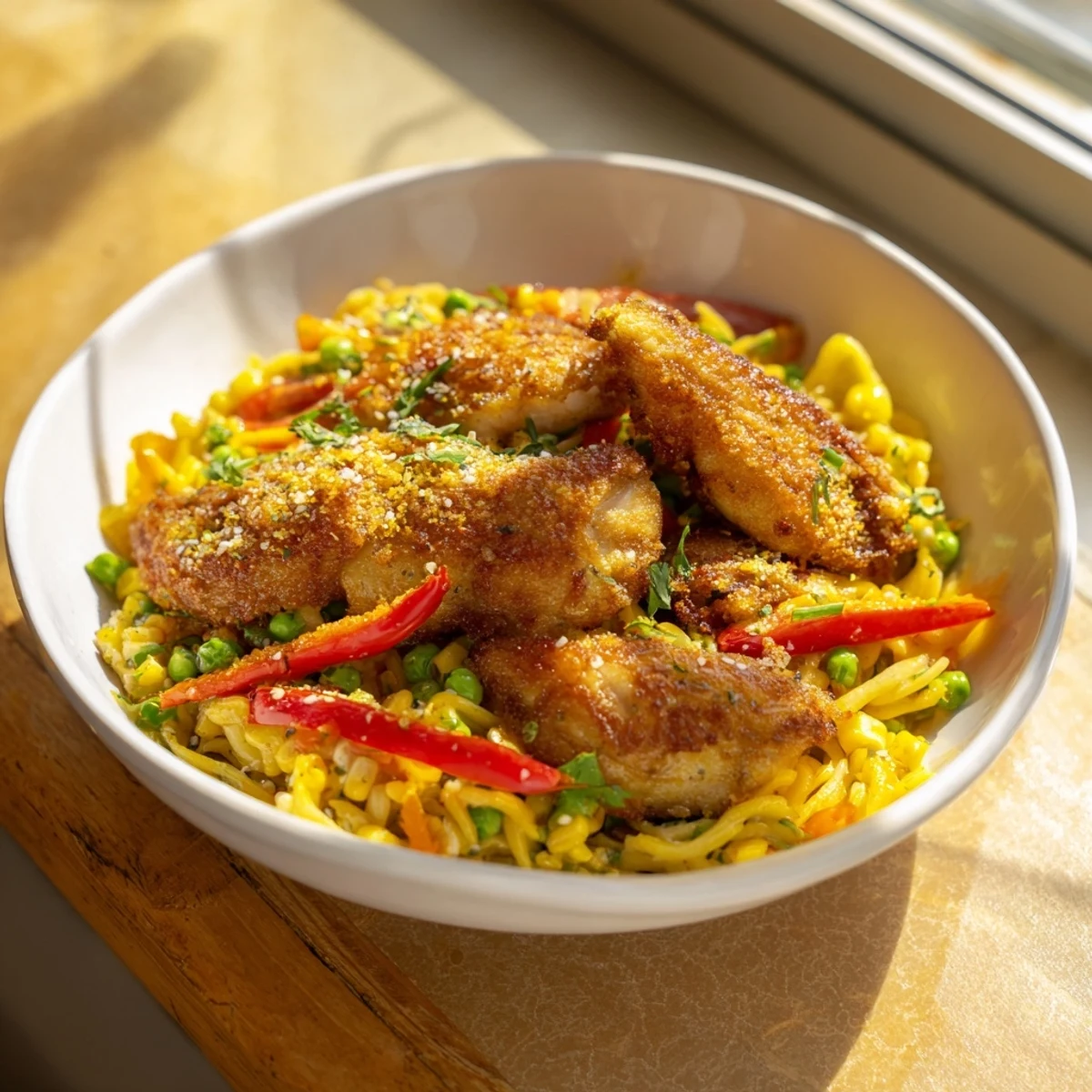 A close-up shot of the flavorful Mongolian chicken stir-fry with rice noodles, ready to eat and enjoy.