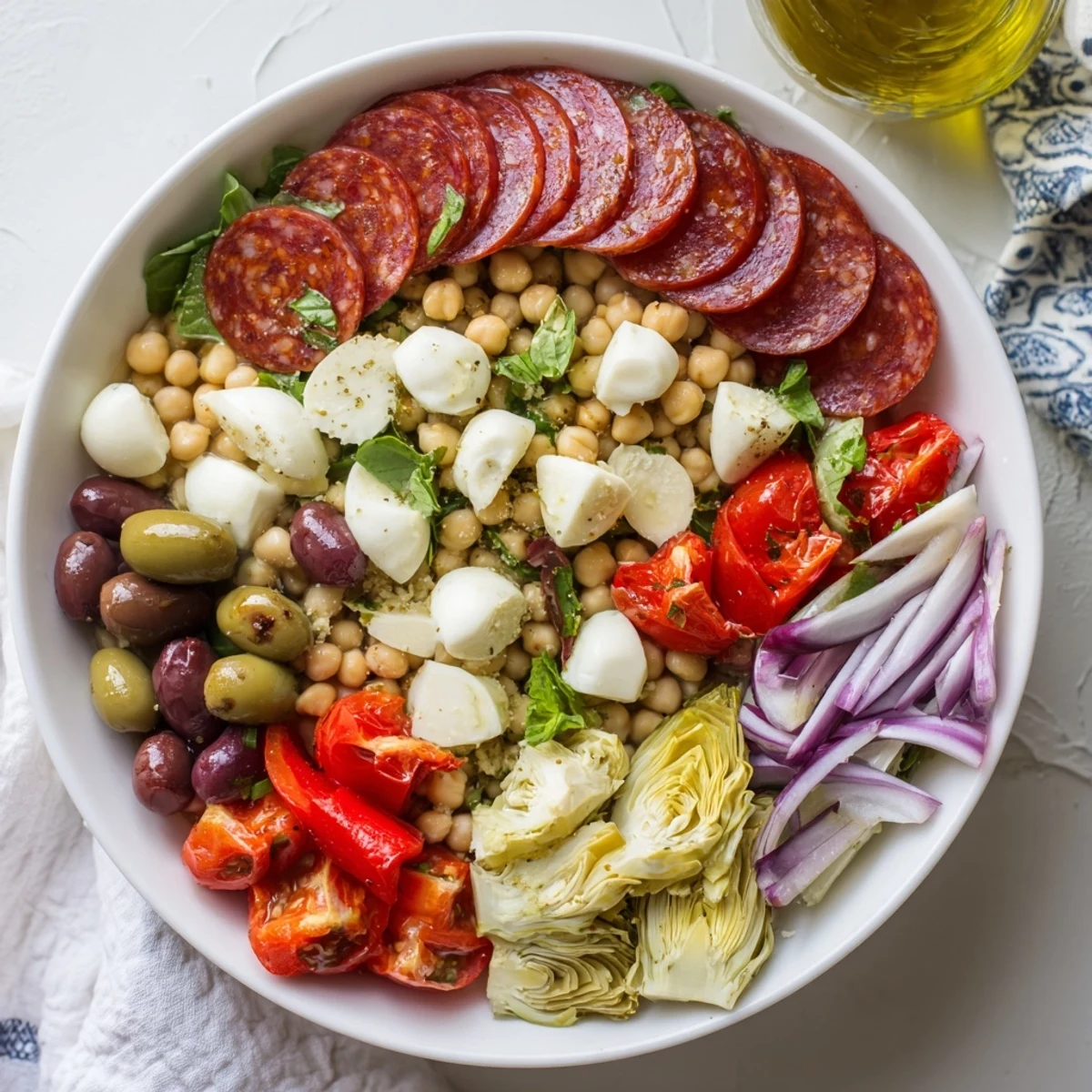 Vibrant Antipasto Chickpea Salad overflowing with colorful veggies and mozzarella pearls, ready to serve.