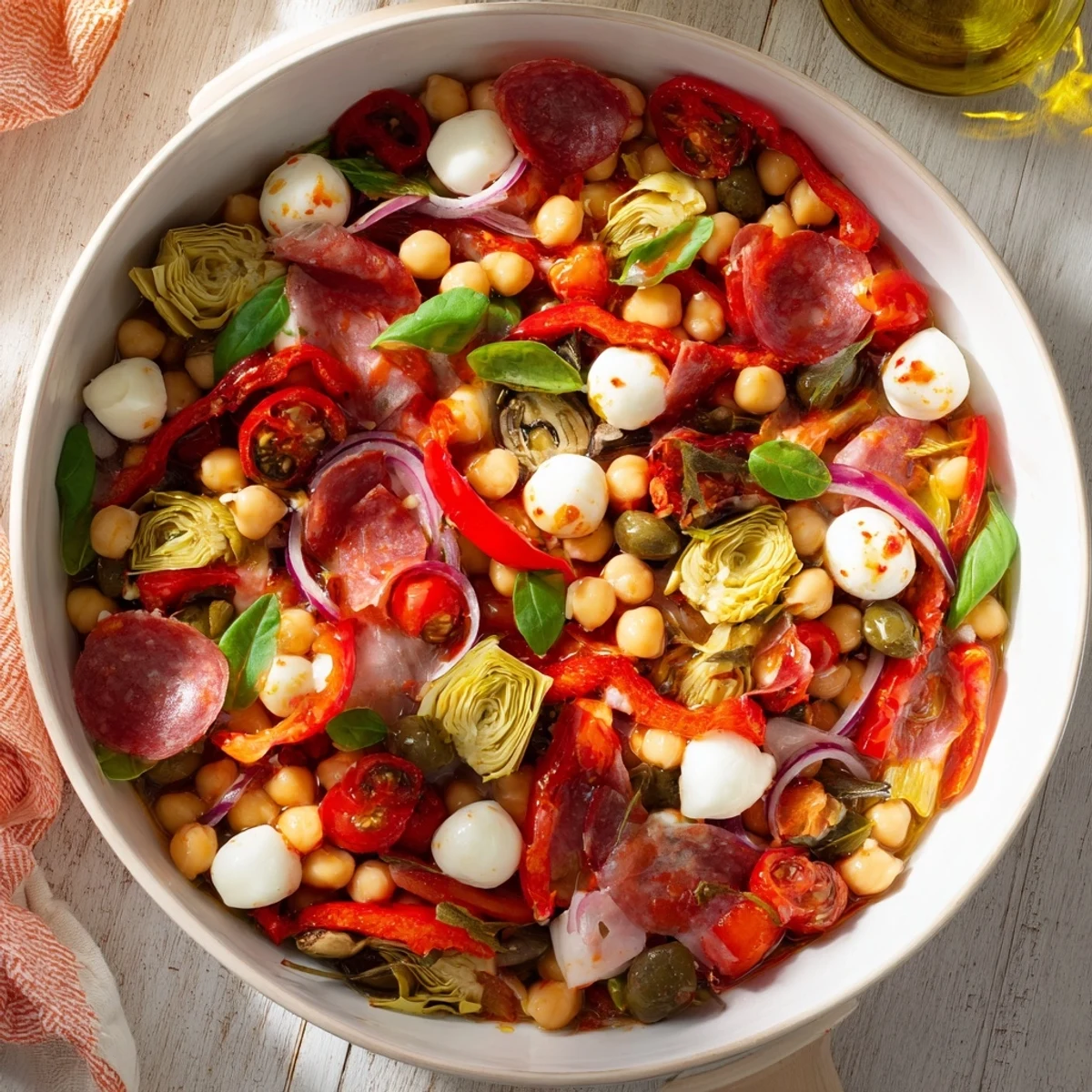 Tangy Italian dressing coats this fresh Antipasto Chickpea Salad, perfect for a light lunch or picnic.
