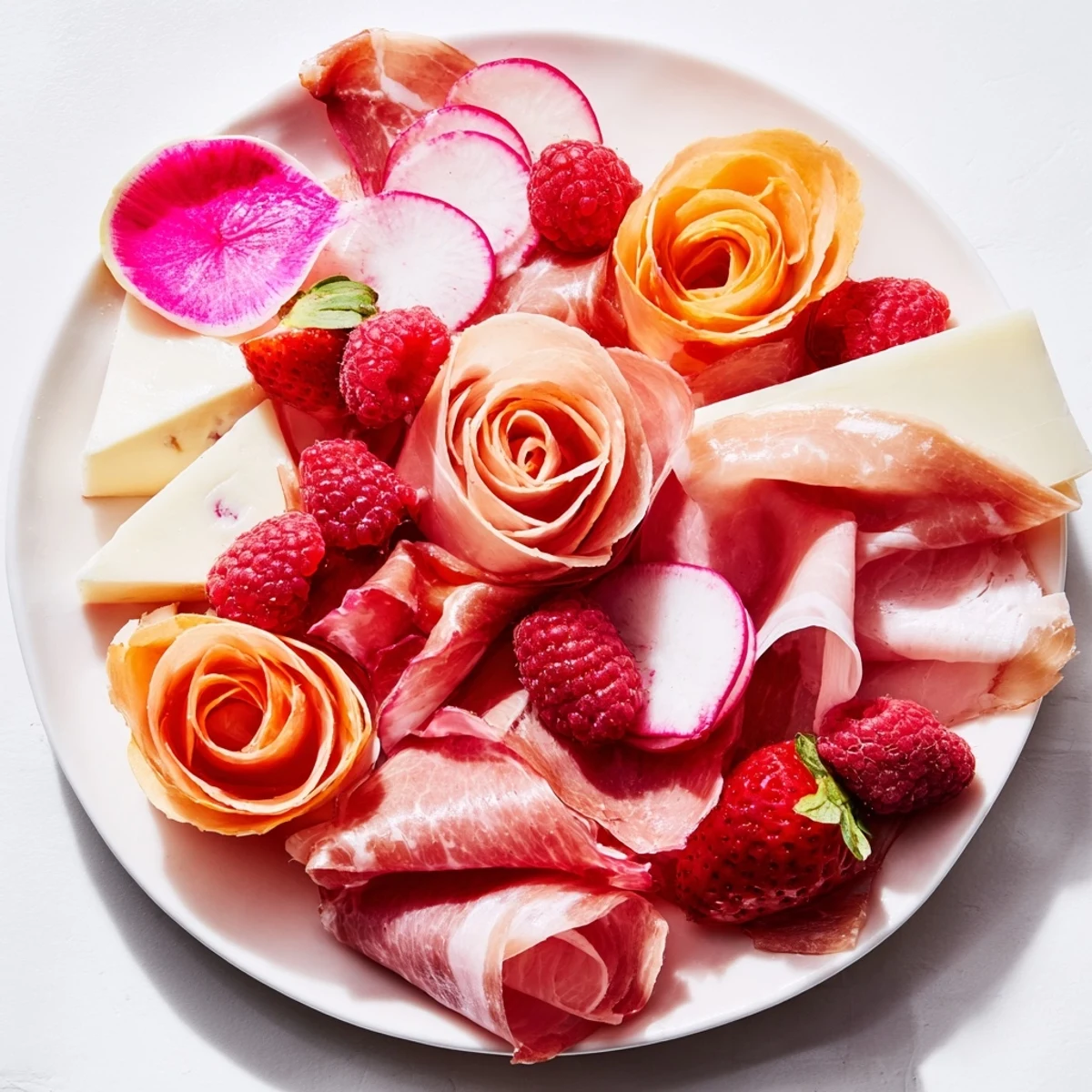 Pink Petal Watercolor Wash appetizer, a beautiful platter with arranged pink and red ingredients.