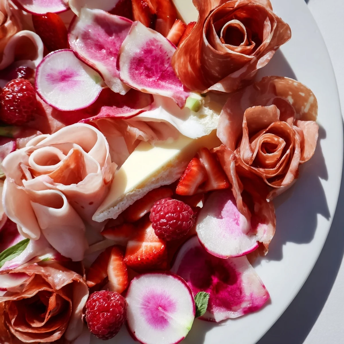 Delectable Pink Petal Watercolor Wash platter, featuring thinly sliced meats, cheeses, and vibrant fruits perfect for a party.