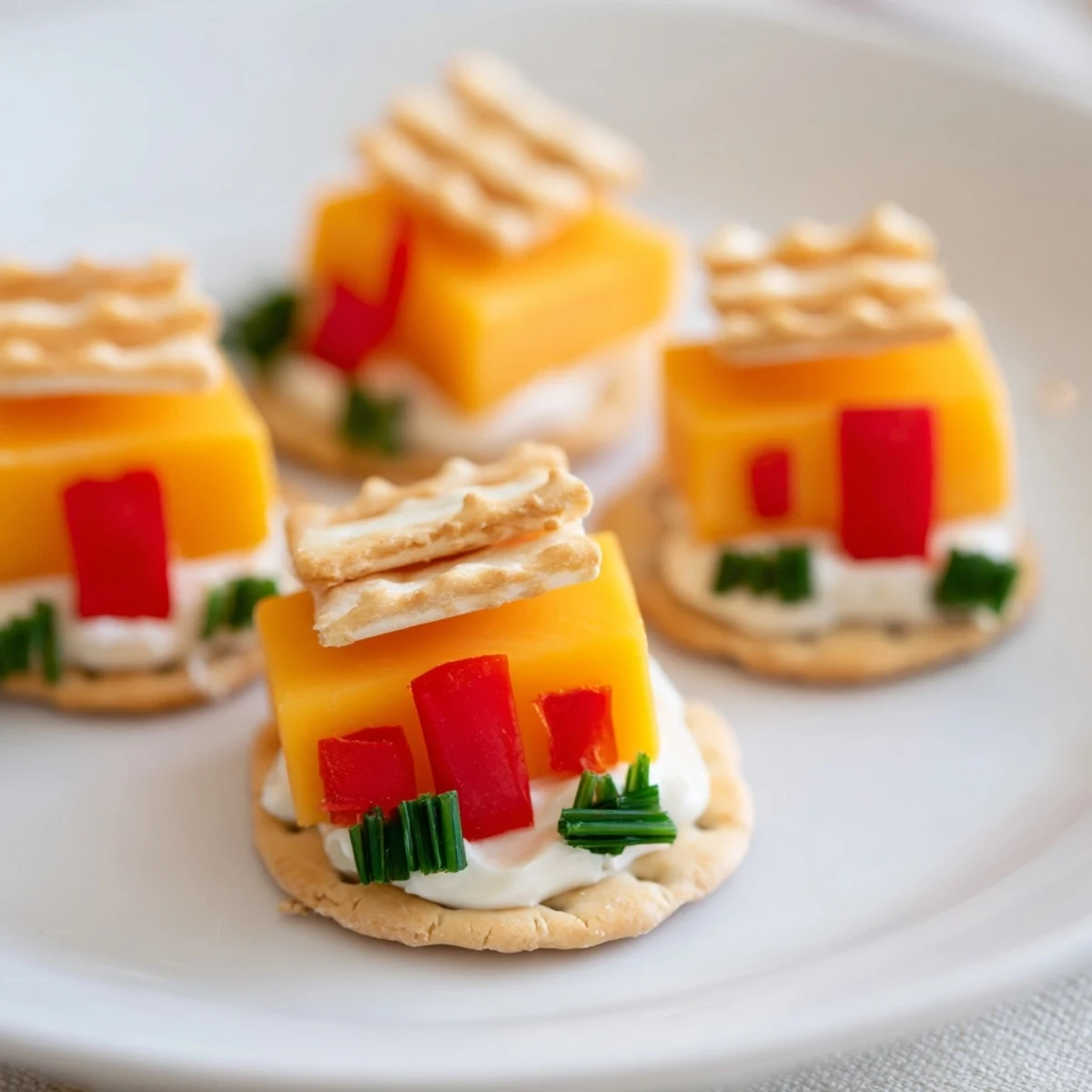 Adorable Alpine Village miniature cheese houses with almond roofs sit on snowy crackers, ready to eat.