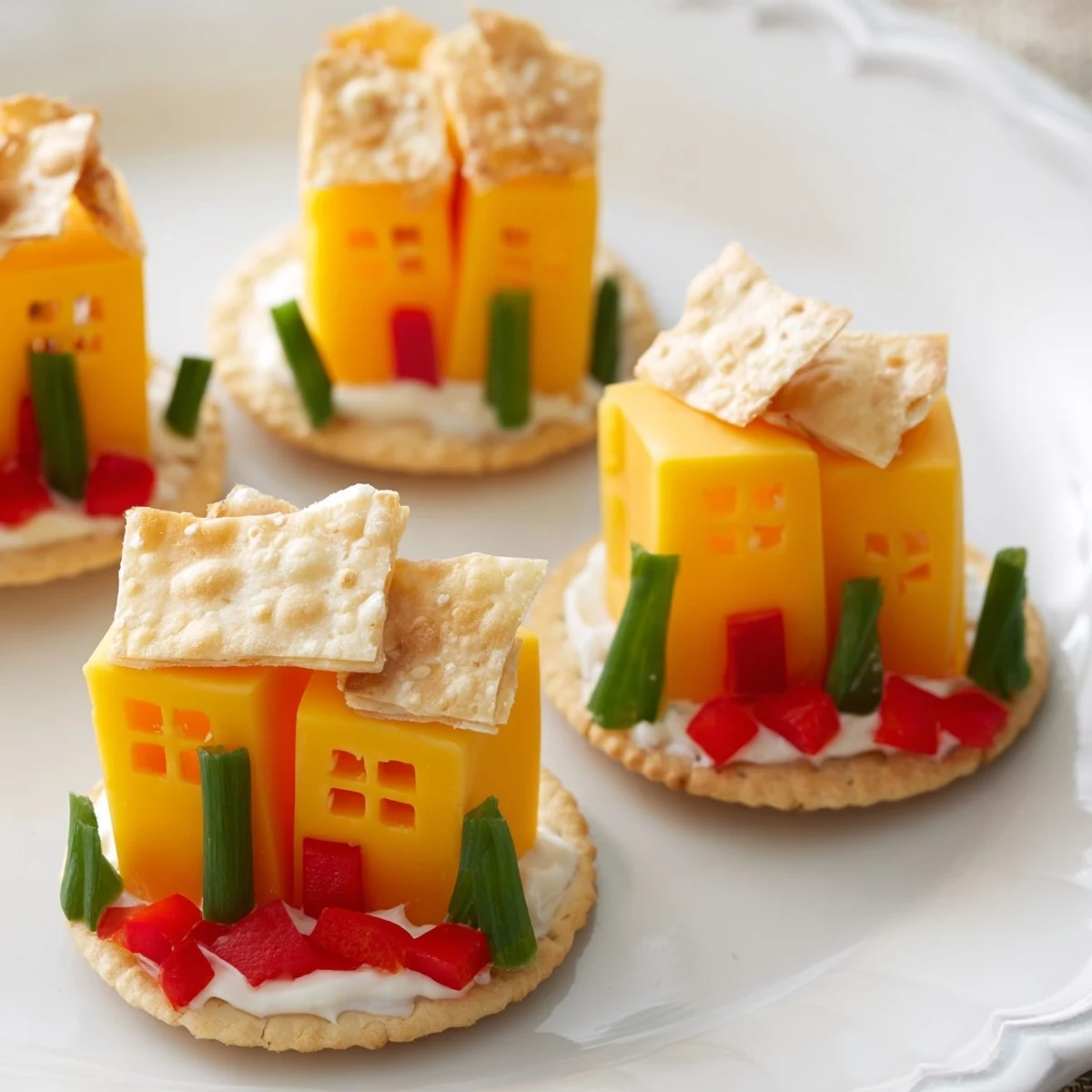 This delightful Alpine Village appetizer recipe features charming cheese houses on a snowy cracker platter.