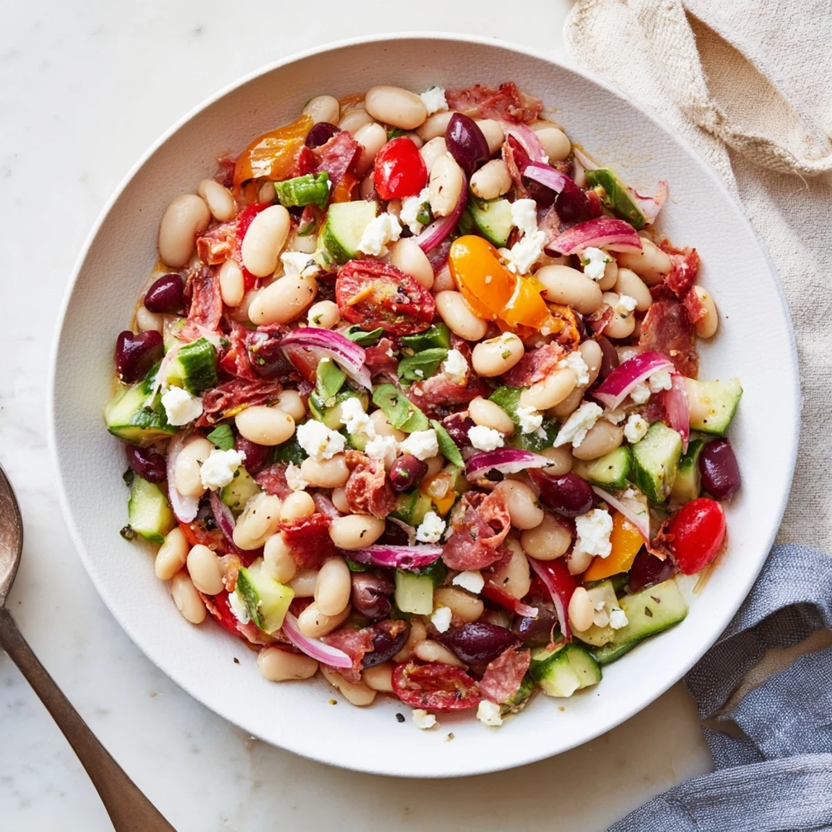 Mediterranean Dense Bean Salad with Salami, a colorful, hearty salad with salami and olives, ready to enjoy.
