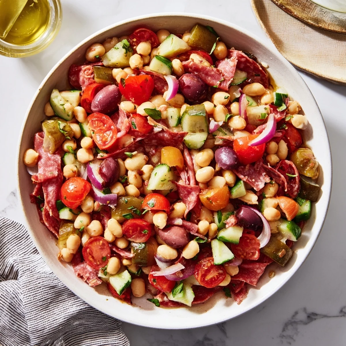 Close-up of Mediterranean Dense Bean Salad with Salami, showing vibrant tomatoes and flavorful salami pieces.