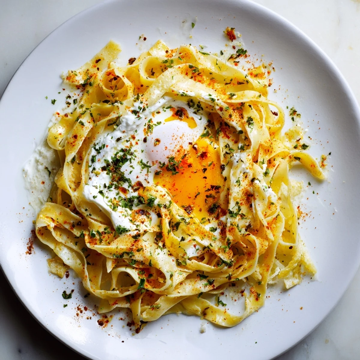 Golden, saucy Turkish pasta with paprika butter, garnished with fresh herbs, ready to serve and enjoy.