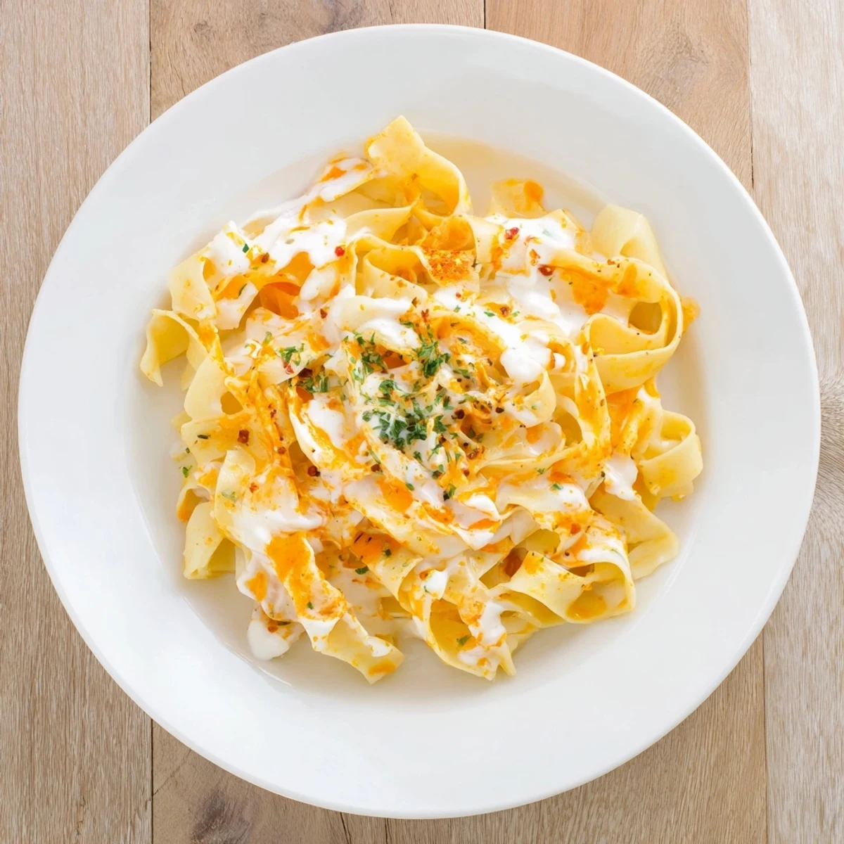 A close-up shot of creamy Turkish pasta with paprika butter beautifully plated, ready for dinner.