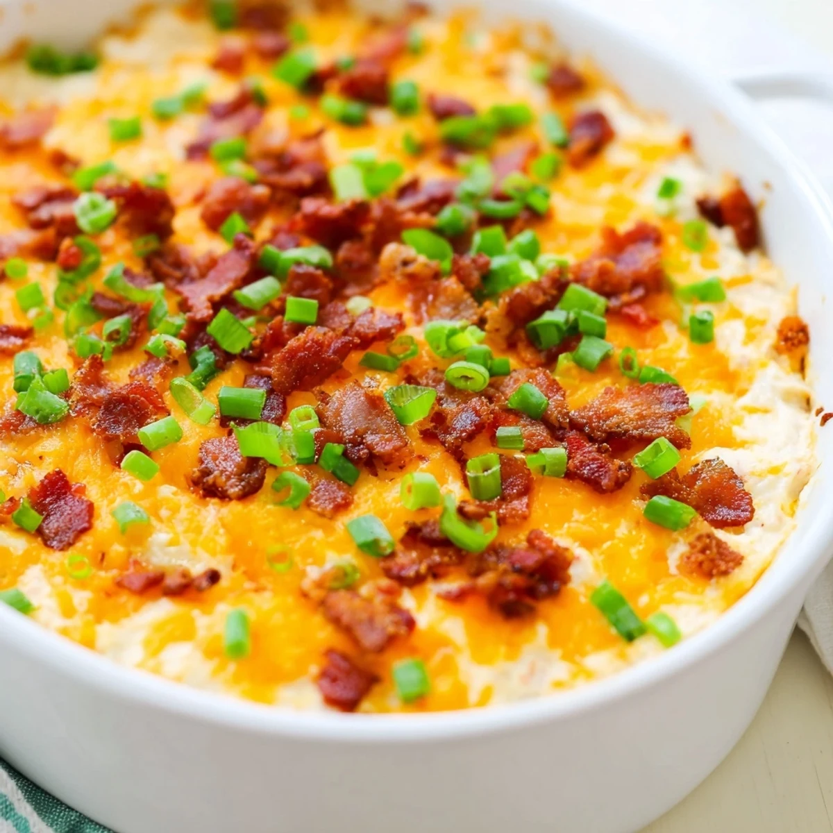 Warm, bubbly Cheesy Bacon Ranch Dip, a savory appetizer baked until the cheese is melted and golden.