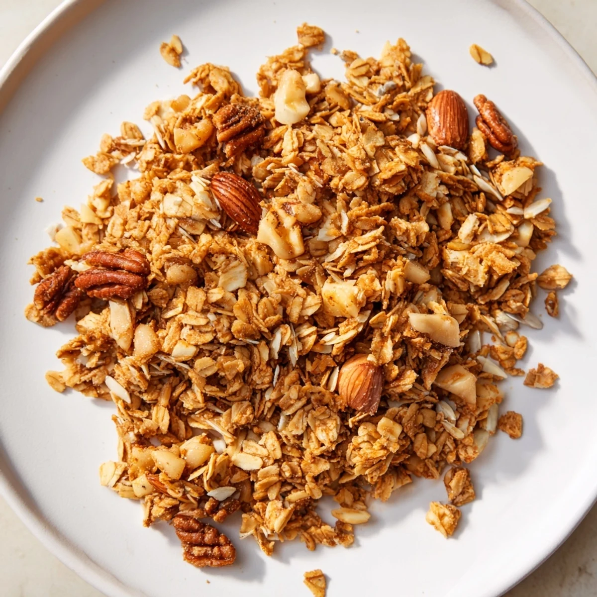 Golden, crunchy honey nut granola clusters, a perfect breakfast or anytime snack food.