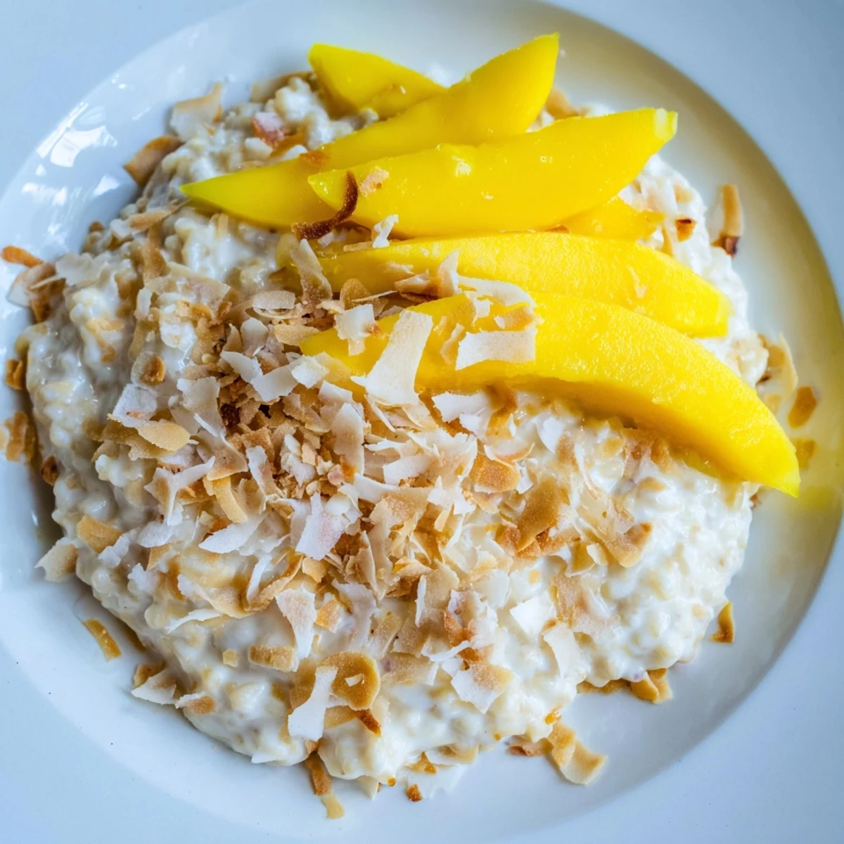 Creamy, rich Toasted Coconut Rice Pudding simmering in a saucepan, hinting at a sweet, comforting dessert.