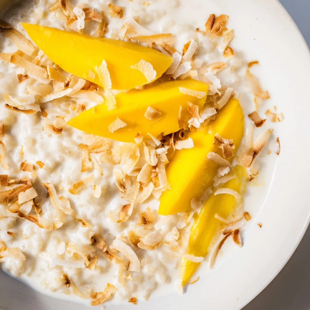 A warm bowl of Toasted Coconut Rice Pudding, topped with golden coconut flakes and ready to serve.