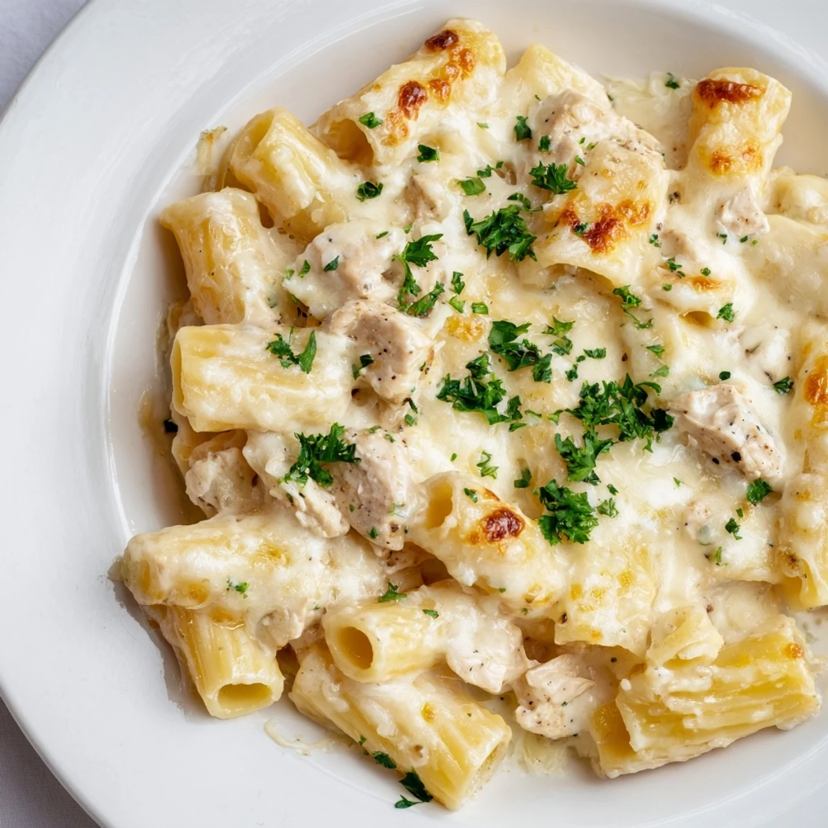 Golden, bubbly Chicken Alfredo Bake fresh from the oven, offering cheesy, pasta perfection.