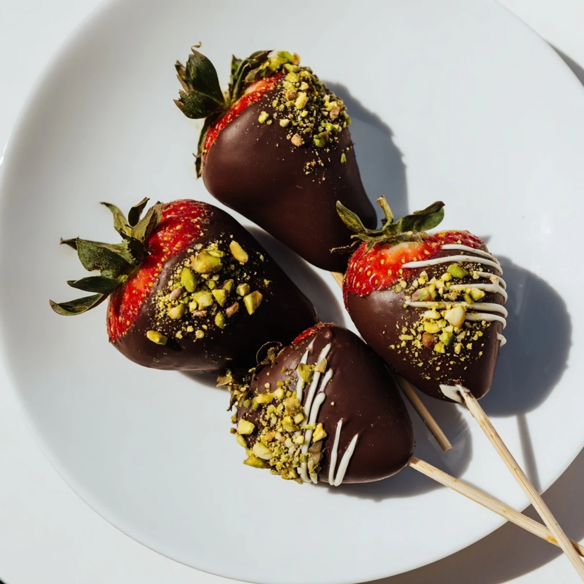 Chocolate-dipped strawberry skewers glistening with decadent dark chocolate, ready to be enjoyed!