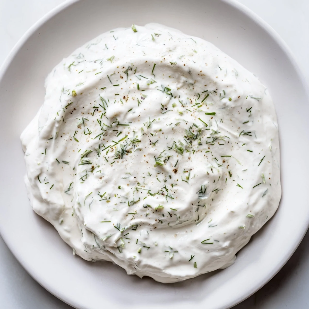 Close-up of creamy Greek yogurt ranch dip, speckled with fresh herbs ready to serve.